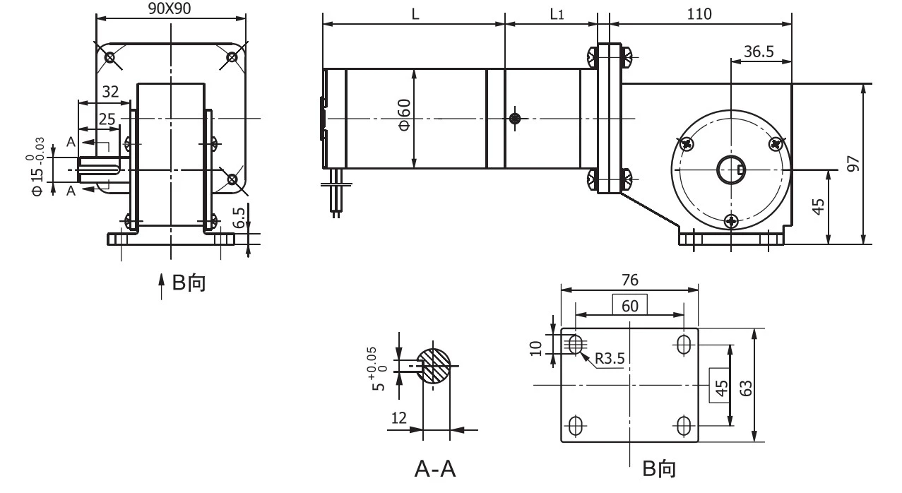 Official Dongzheng 90JW/60JX/60ZY reference drawing showing L motor length, L1 planetary length, output shaft and foot mounting