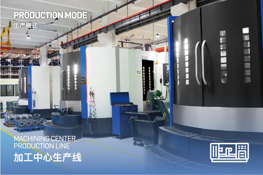 Evergear official manufacturing page photograph labelled machining-center production line, showing machining equipment and reducer housings