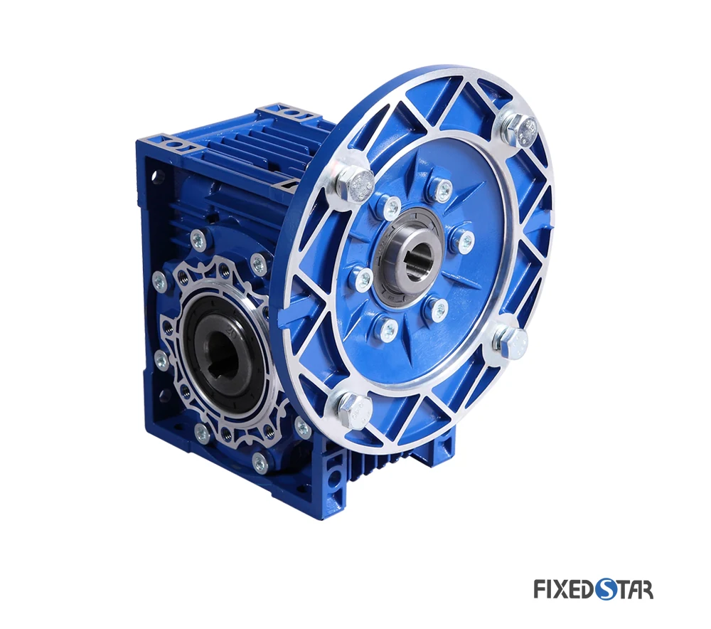 Official FIXEDSTAR FCNDK-B5 worm reducer photograph showing the motor-input flange and hollow output
