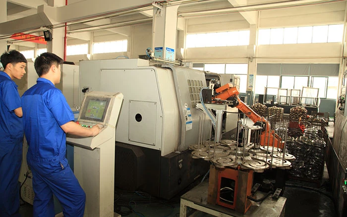 Jiacheng official company page photograph showing operators, machining equipment and gear components