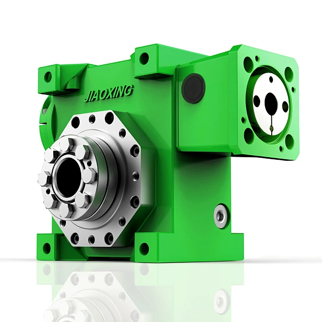 Jiaoxing official green JDLB duplex worm reducer illustration showing servo input and hollow output connection