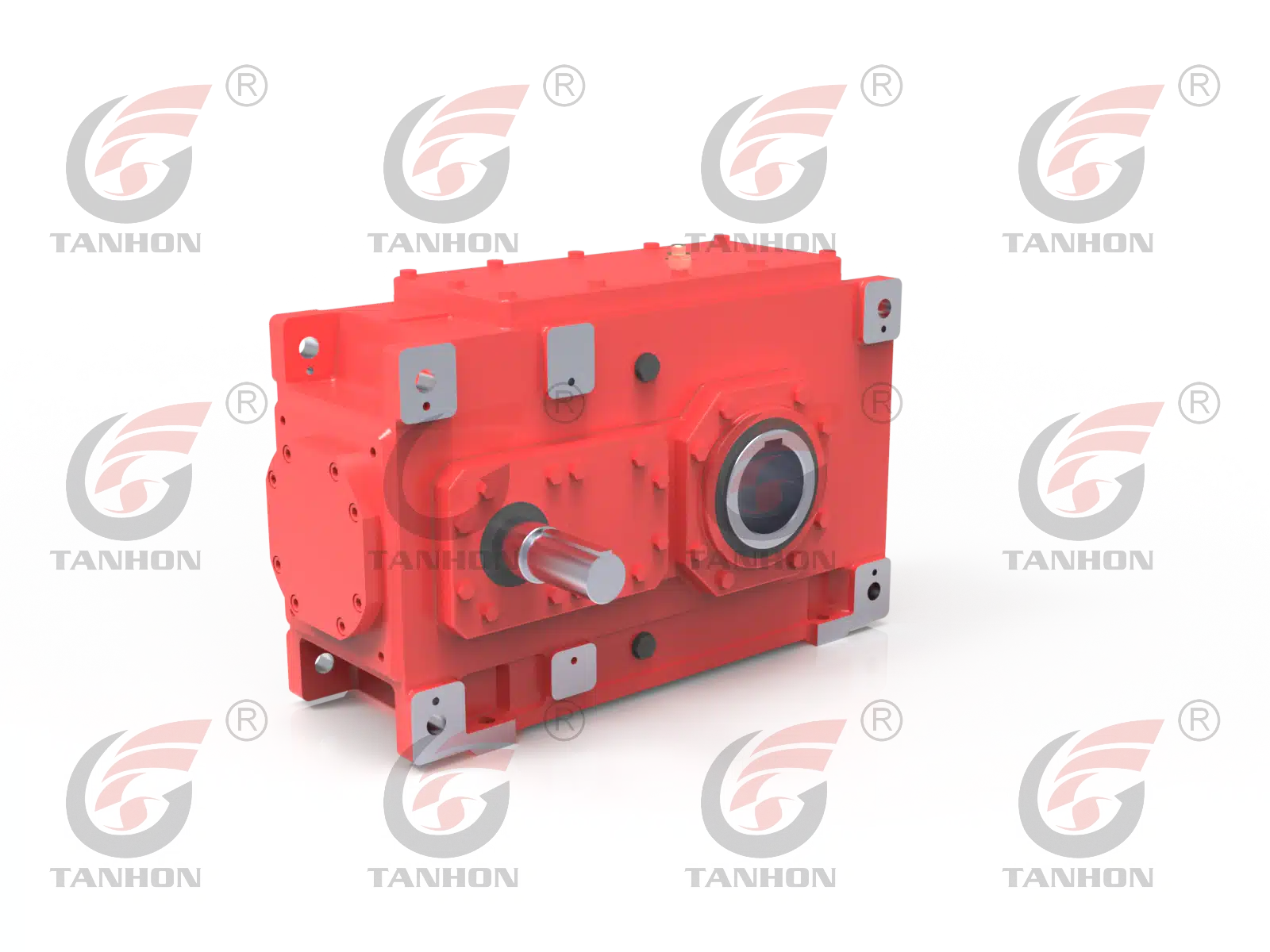 TANHON official MTH2HH6 heavy-duty helical gearbox photograph showing a hollow output connection, with original manufacturer watermarks
